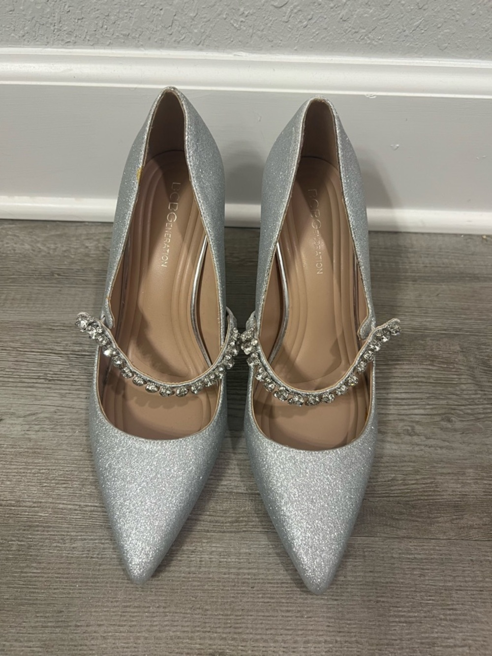 BCBGMAXAZRIA Branda Silver Glitter Pointed-Toe Pumps with Crystal Strap